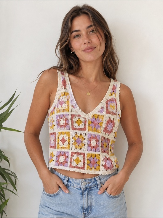 Rebellion Tops - Rebellion Again Crochet Granny Square Knit Top Cottagecore boho Festival |Medium